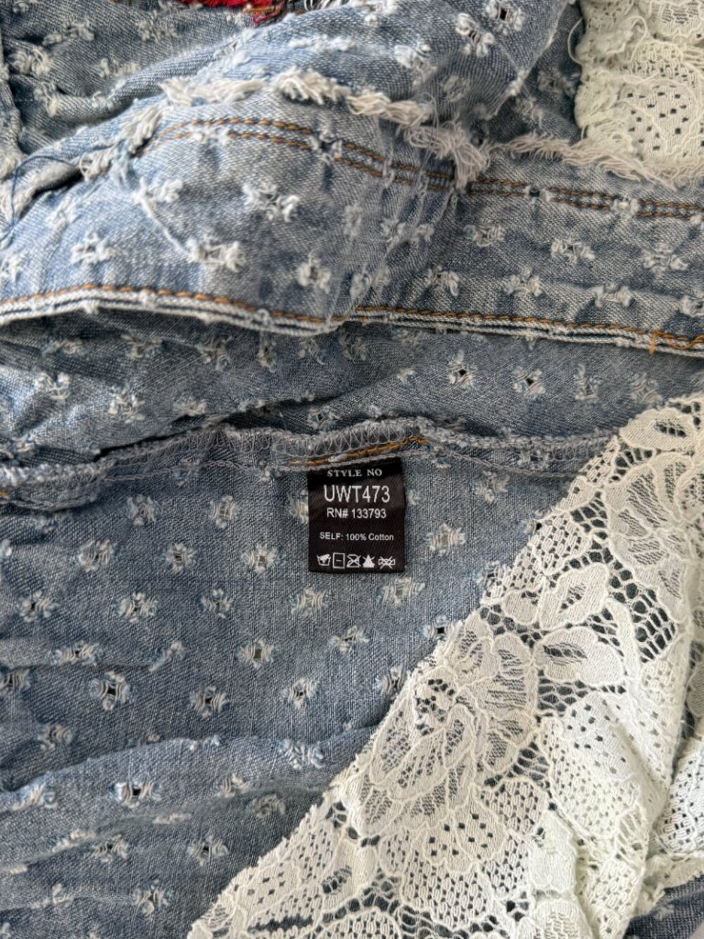 POL NWT Denim Eyelet Lace Peace Sign Maxi Duster Kimono Jacket Boho Festival - Picture 10 of 11